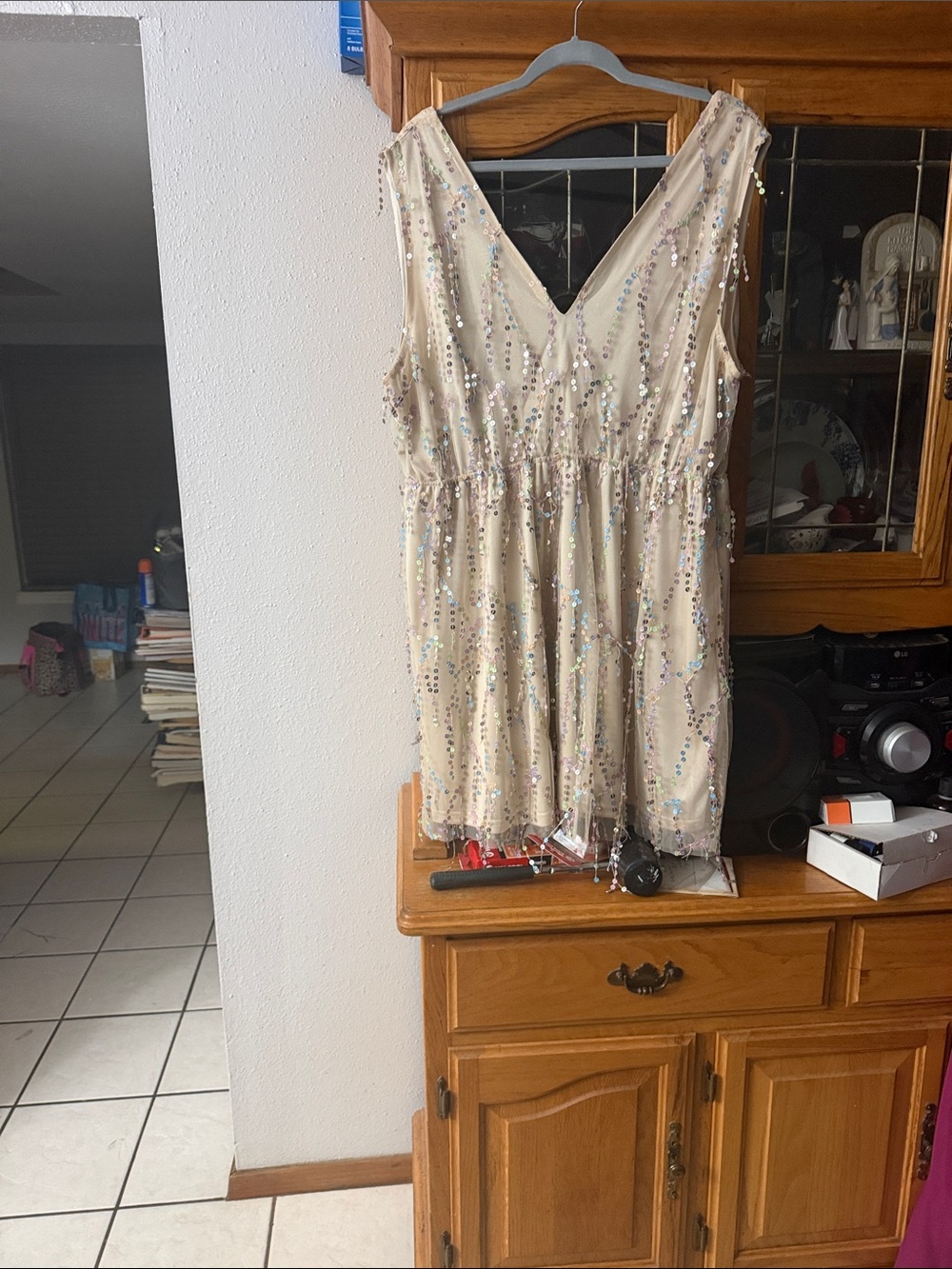 Sequin V-Neck Mini Dress in Beige